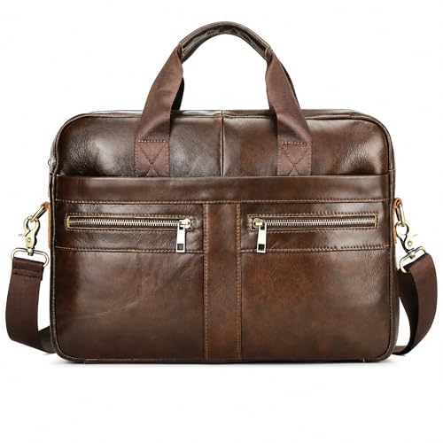 Men's Leather Laptop Bag 15 IN, Water-Resistant Briefcase Messenger Bag for Work, Business, Shoulder Crossbody Office Satchel - color: Brown-3