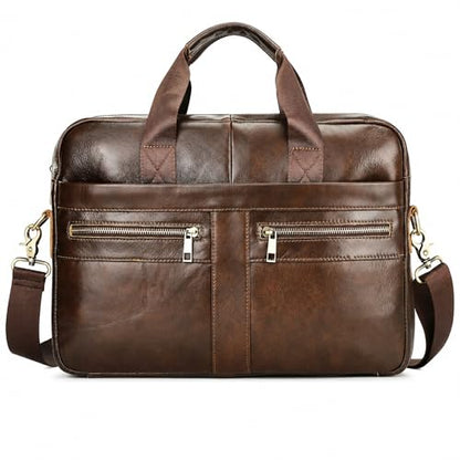 Men's Leather Laptop Bag 15 IN, Water-Resistant Briefcase Messenger Bag for Work, Business, Shoulder Crossbody Office Satchel - color: Brown-3