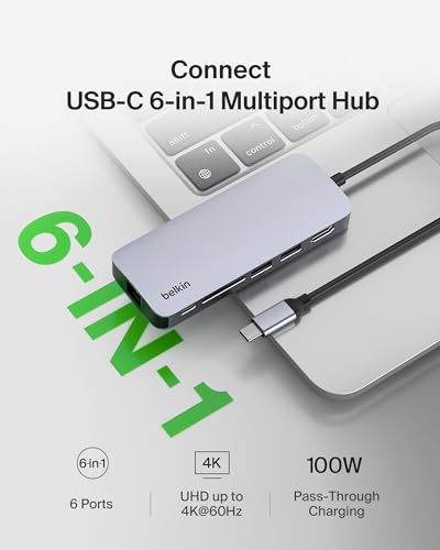 Belkin USB-C Hub 6 in 1 100W PD 4K HDMI, Ethernet & SD | Pass-through charging, 2 USB-A ports, gigabit ethernet, SD card slot, compatible with Neo MacBook, iPad Pro, and XPS - style: 6-in-1 Hub, 4K 60Hz