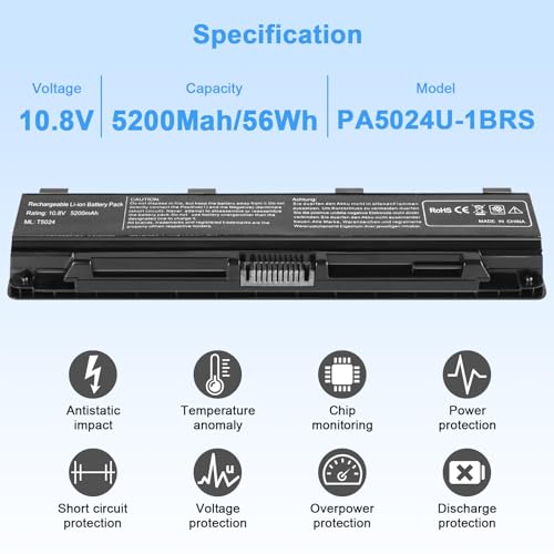 56Wh PA5024U-1BRS Battery Replacement for Toshiba Satellite C55 C55-A C55T C55DT C55D C855 C855D L855 L875 P855 P875 S855 S875 Series PA5109U-1BRS PA5026U-1BRS PABAS272 Laptop Battery - color: T5024 BATTERY
