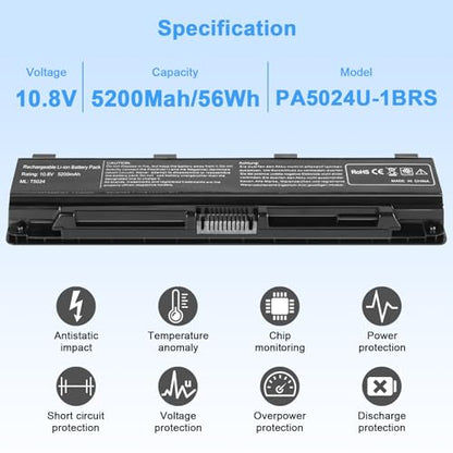 56Wh PA5024U-1BRS Battery Replacement for Toshiba Satellite C55 C55-A C55T C55DT C55D C855 C855D L855 L875 P855 P875 S855 S875 Series PA5109U-1BRS PA5026U-1BRS PABAS272 Laptop Battery - color: T5024 BATTERY