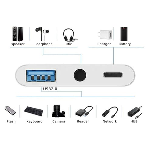 cablecc 5Gbps USB-C Type C Male to USB2.0 3.5mm Audio AUX & Type-A OTG Female with PD Power Charge Adapter Compatible with Laptop Tablet Phone - style: USB-C to USB2.0+audio 3.5+PD
