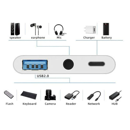 cablecc 5Gbps USB-C Type C Male to USB2.0 3.5mm Audio AUX & Type-A OTG Female with PD Power Charge Adapter Compatible with Laptop Tablet Phone - style: USB-C to USB2.0+audio 3.5+PD