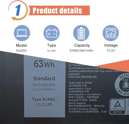 ASODI 63Wh 4-Cell RJ40G Laptop Battery Compatible with Dell Latitude 15 5520 14 5420 Precision 15 3560 Series M033W P104F P104F001 WY9DX P137G P137G001 01K2CF 0WK3F1 075X16 005R42 15.2V 3941mAh - size: 9.5*5.7*0.76 inches RJ40G