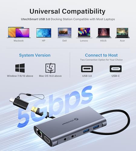 UtechSmart USB Docking Station, 11 IN 1 USB C Dock Triple Display, USB 3.0 Laptop Docking Station with Dual HDMI, VGA, PD, Ethernet, SD/TF, USB 3.0, Mic/Audio, Compatible for MacBook M1 Dell HP Lenovo - color: Grey