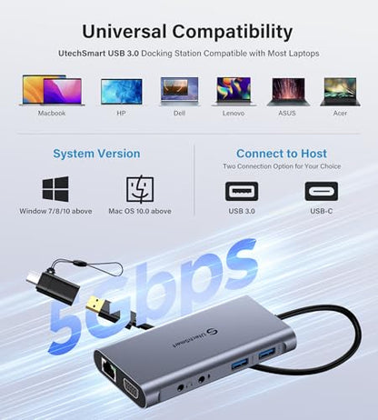 UtechSmart USB Docking Station, 11 IN 1 USB C Dock Triple Display, USB 3.0 Laptop Docking Station with Dual HDMI, VGA, PD, Ethernet, SD/TF, USB 3.0, Mic/Audio, Compatible for MacBook M1 Dell HP Lenovo - color: Grey