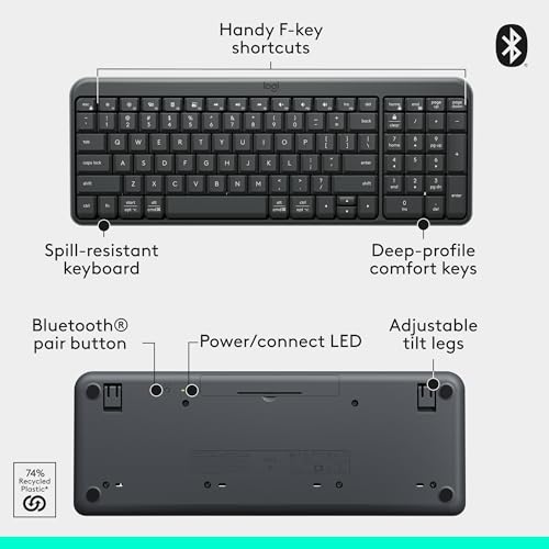 Logitech K250 Compact Bluetooth Wireless Keyboard with Numpad - Graphite | Bluetooth connectivity only, no USB receiver, compact design, spill-resistant, comfortable keys, Windows MacOS compatible - color: Graphite, style: Keyboard