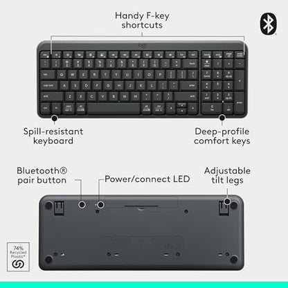 Logitech K250 Compact Bluetooth Wireless Keyboard with Numpad - Graphite | Bluetooth connectivity only, no USB receiver, compact design, spill-resistant, comfortable keys, Windows MacOS compatible - color: Graphite, style: Keyboard