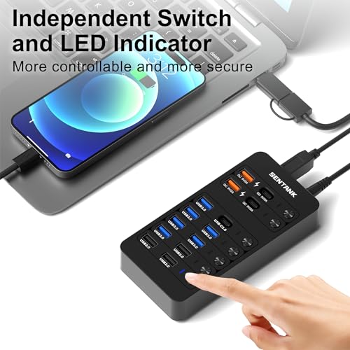 Powered USB Hub, SENTANK 14 Port USB 3.0 Hub Splitter (6 USB 3.0 Data Ports + 4 Fast Charging Ports) with Independent LED On/Off Switch, with 60W Power Adapter for Mac, PC
