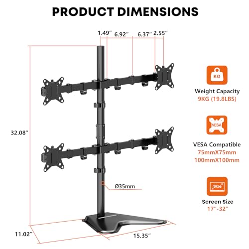 PUTORSEN Quad Monitor Stand for 4 Screens, 17-32", 19.8 lbs Each | Stacked 4-Screen Desk Mount with Full-Motion Arms, VESA 75/100, Tilt, Swivel & Rotation, Larger Base with Phone Slot, Black - size: Quad Arms