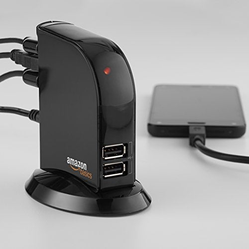 Amazon Basics 7-Port USB 2.0 Hub Tower for Laptop and PC, USB Splitter with 5V/4A Power Adapter, 2 Fast Charging Ports, Plug and Play, Black