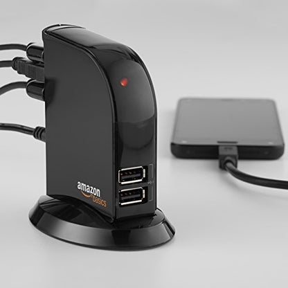 Amazon Basics 7-Port USB 2.0 Hub Tower for Laptop and PC, USB Splitter with 5V/4A Power Adapter, 2 Fast Charging Ports, Plug and Play, Black