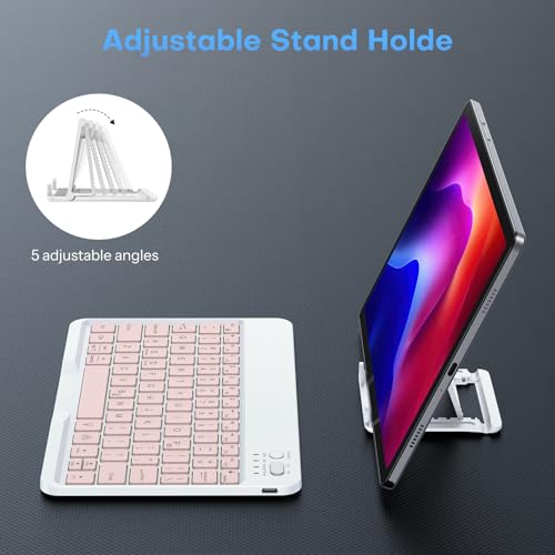OMOTON Rechargeable Ultra-Slim Keyboard with Upgrade Oversize Keycaps, Adjustable Stand and Backlit, Wireless Bluetooth Keyboard for Samsung Tablet, iPad, Smartphone, Android, iOS, Windows, Pink - color: Pink