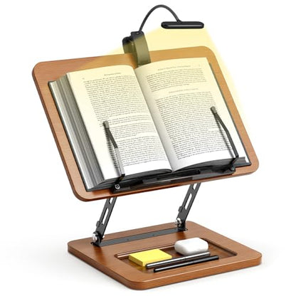 OPTIXCELL Book Stand with Light, Hands Free Book Holder, Gifts Book Lovers | Hands Free, Adjustable Height Angle, Built-in Storage Tray, 3-Mode Reading Light, Foldable Metal Frame, Fits Cookbook Tablet - style: Book Stand (Light)