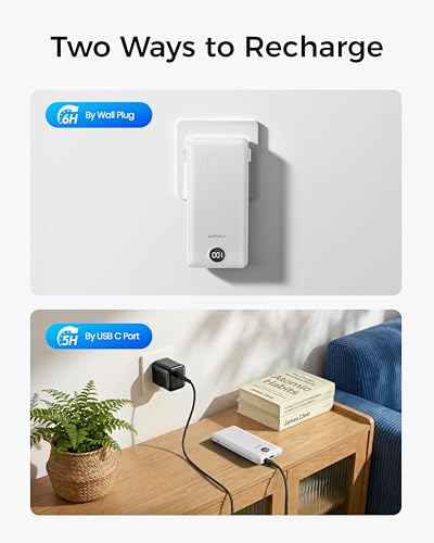 VEGER Portable Charger with Built-in AC Plug and Cables, All in One 10000mAh Ultra Slim Power Bank Travel Essentials, USB C External Battery Pack Compatible with iPhone, Samsung, More, White - color: B White