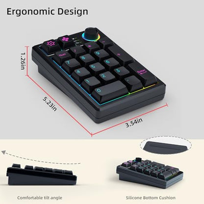 KEYCOOL K19 Wireless Numeric Keyboard, Mechanical Number Keypad Hot-swappable Bluetooth Numpad 5.0/2.4GHz, RGB Multi-Function Knob Numerical Keyboard for Laptop Mac Win iOS Android - color: Black 19 Key