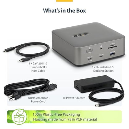 StarTech Thunderbolt 5 USB4 Dock, Dual 8K 60Hz, Triple 4K, 140W, 2.5GbE | Plug-and-play Windows 11 and macOS, Thunderbolt 5 Certified, Dual 6K on Mac, 120Gbps transfer, SD 4.0, 30W phone, USB 10Gbps