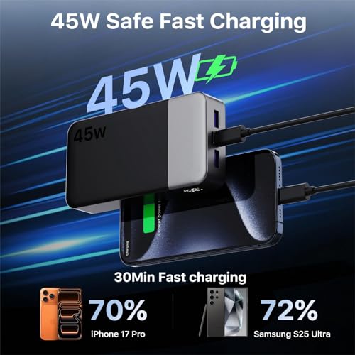 NOBIS 45W 20000mAh Portable Charger Power Bank Fast Charging | Battery Pack with 2 USB-C (in/Out) & 2 USB-A, Digital Display & Small Current Mode, Battery Bank for Phone 17 S25 Tablet - color: Black