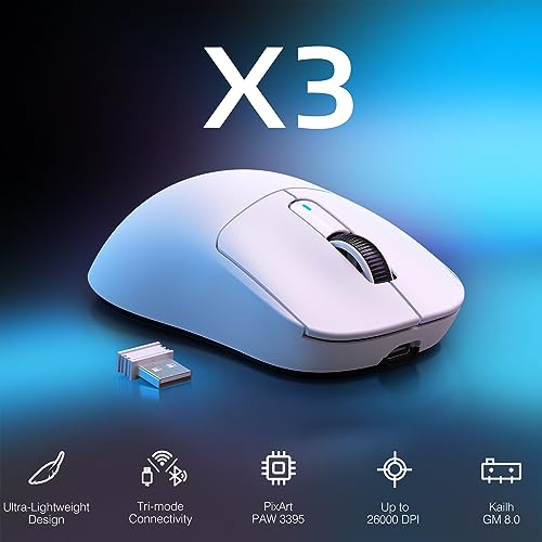 ATTACK SHARK X3 49g Ultra-Lightweight Wireless Gaming Mouse, White | Bluetooth 5.2/2.4G Wireless/Wired, PAW3395 Gaming Sensor, 26K DPI, 200h Battery Life, Programmable Buttons for PC/Mac/Win - color: White