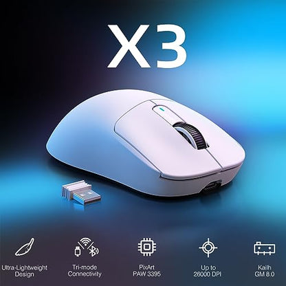 ATTACK SHARK X3 49g Ultra-Lightweight Wireless Gaming Mouse, White | Bluetooth 5.2/2.4G Wireless/Wired, PAW3395 Gaming Sensor, 26K DPI, 200h Battery Life, Programmable Buttons for PC/Mac/Win - color: White