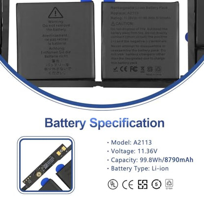 ANTIEE A2141 Battery Replacement, A2113 Battery for MacBook Pro 16 Inch A2141, Release 20192020, EMC 3347, MVVL2 MVVL2LL/A MVVM2 MVVM2LL/A MVVK2 MVVK2LL/A MVVJ2 MVVJ2LL/A 11.36V 99.8Wh 8790mAh - size: 14*6*0.2inch A2141
