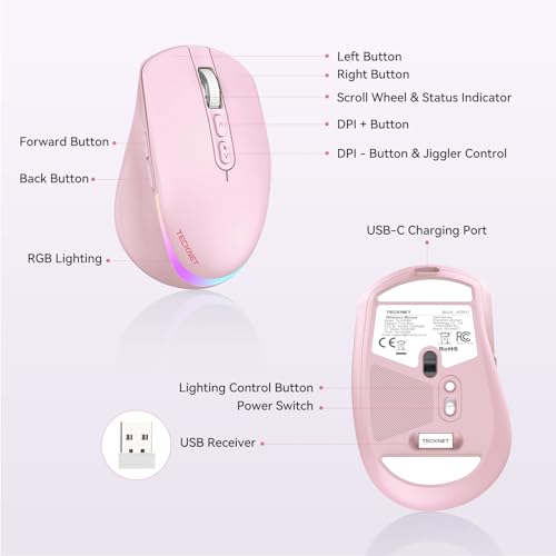 TECKNET Wireless Mouse Jiggler, Rechargeable Mouse with Built-in Mouse Mover, 6 Adjustable DPI & 14 LED Modes, Silent Click, Undetectable Random Movement Keeps Computer Awake for Laptop/PC/Mac- Pink - color: Pink