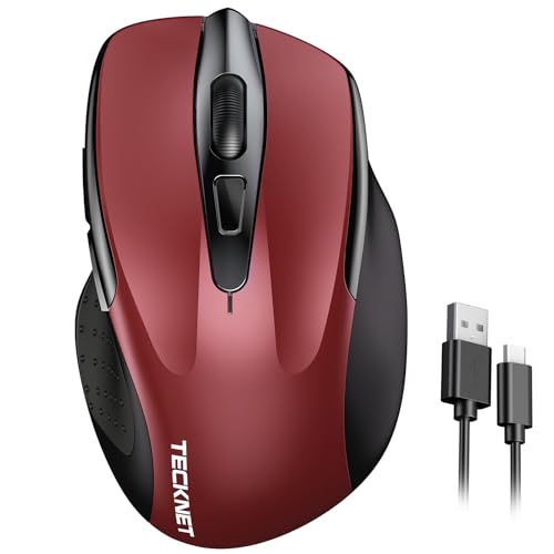 TECKNET Wireless Mouse Rechargeable, 2.4G USB-A Silent Mouse, Quiet Click, 6 Adjustable 4800 DPI, Cordless Computer Mice, Ergonomic Mice for Laptop, 6 Buttons for Chromebook, Ergo Grip - Red - color: Red
