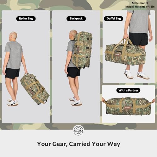 45/80/100L Rolling Duffel Bag with Wheels, X-Large Durable Travel Duffle + Toiletry Bag, Heavy Duty, Packable with Shoulder Straps- Use as Luggage or Backpack (Camouflage) - color: Camouflage