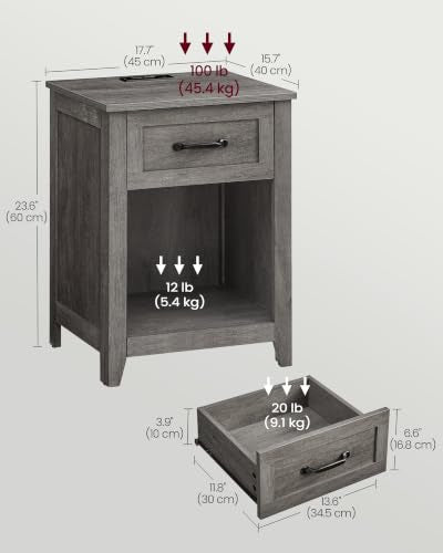 VASAGLE LIRY Collection - Farmhouse Nightstands with Charging Station, Set of 2 Bedside Tables, Side Tables with Drawer, Open Compartment, for Bedroom, Misty Gray ULET859G01 - color: Misty Gray, size: 2 PACK, style: 17.7"W x 23.6"H With 1 Drawer