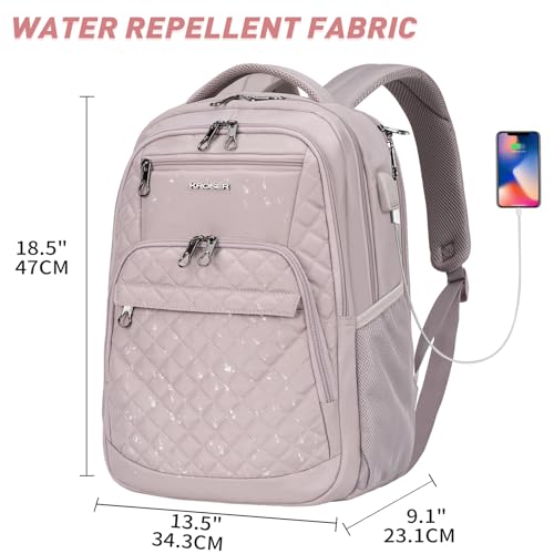 KROSER Travel Laptop Backpack 17 Inch Large Computer Backpack Dusty Pink | Water-Repellent Daypack, USB Charging Port, RFID Pockets, for Work/Business/College/Men/Women, Quilted - color: Quilted Dusty Pink
