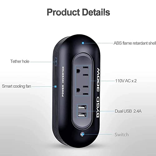 300W Car Power Inverter DC 12V to 110V AC Converter – Dual AC Outlets & Dual 2.4A USB Fast Charging Ports, Cigarette Lighter Adapter for Phones, Tablets, Laptops on Road Trip