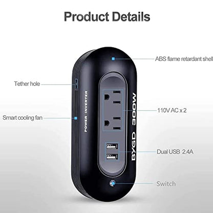 300W Car Power Inverter DC 12V to 110V AC Converter – Dual AC Outlets & Dual 2.4A USB Fast Charging Ports, Cigarette Lighter Adapter for Phones, Tablets, Laptops on Road Trip