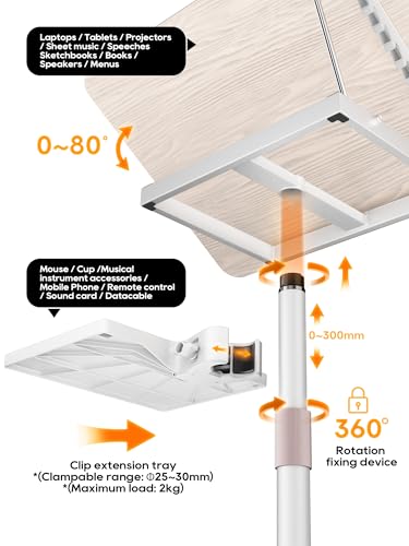 2 in 1 Adjustable Book Stand - Dual-Use Floor and Desktop Book Holder Stand, Height Adjustable 23.5-52 in, Elastic Page Clips for Music Sheet, Recipe, Tablet, Laptop-White - color: White