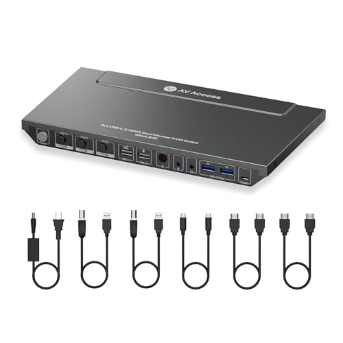 AV Access KVM Switch Dock for a Laptop and 2 Desktop PCs, Dual 4K Monitor USB C Docking Station, Type-C 65W Charging for Laptop, Ethernet, EDID, Hotkey Switch, HDMI, 4K@60Hz, 1080P@240Hz, USB 3.0 - size: 13in