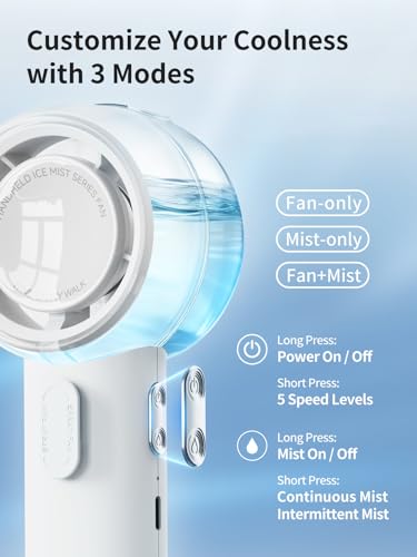 MIST Portable Cooling Fan 13.5H Runtime, 30ml Water Tank, 5 Speeds, 3-in-1 Handheld Fan with Icy Mist & Powerful Wind for Outdoor Travel, Office, Personal Cooling - style: Mist with 13.5H