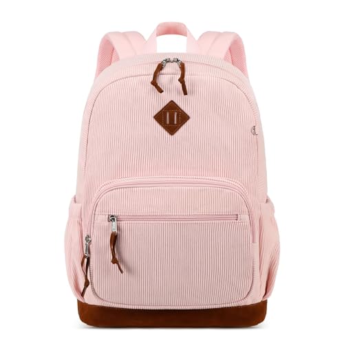 mygreen Back to School Teen Student Backpack Solid Corduroy School Bag Pink | 24L teen student back to school bag, fits 15.6in laptop; blank corduroy for DIY, lightweight padded supportive back - color: Pink, Corduroy