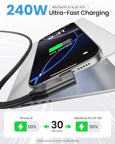 Silkland 80Gbps Right Angle USB 4 Cable for Thunderbolt 5 Cable 4FT, 120Gbps Bandwidth for 16K/Dual 8K, 240W, 90 Degree Braided USB C Video Cable Compatible Thunderbolt 4/5, MacBook M4 Pro,Dock - size: 4FT