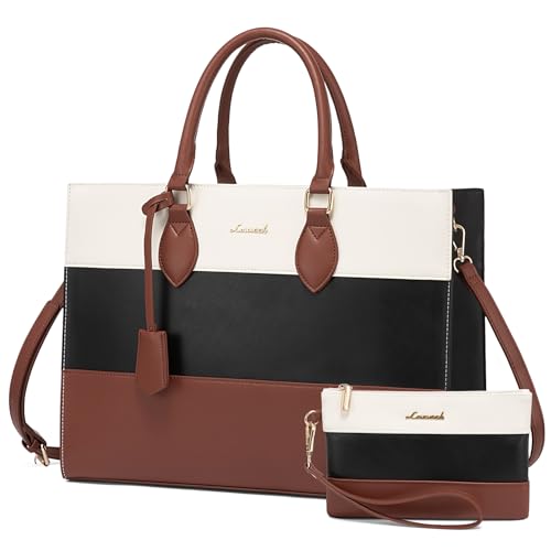 LOVEVOOK Laptop Tote Bag for Women, Work Totes Business Office Computer Briefcase with Clutch Purse - color: Beige-black-brown, size: 17.3 inch