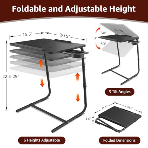 Adjustable TV Tray Black Dinner - Folding Trays for Eating On Couch Wooden Tables Mate Stand Foldable Desk with Cup Holder Portable - color: Black