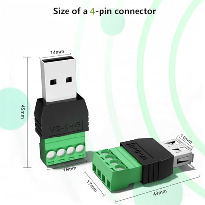 2PCS USB 2.0 Female to 4 Pin Screw Terminal Block Connector | Solderless Pluggable Adapter Kit for DIY Electronics Repair, Breakout Board for Data/Power Cable Extension (2-PCS Female) - color: 2-PCS Female