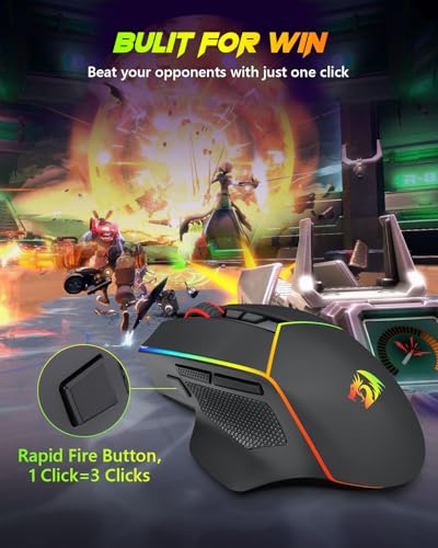 Redragon Wireless Gaming Mouse, Tri-Mode 2.4G/Bluetooth/USB-C, 7 Programmable Buttons, Tactile Rapid Fire Key, 8000 DPI RGB Ergonomic Mouse for PC Windows Gaming & Work, M814 - color: Black