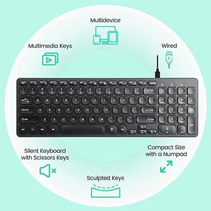 Perixx PERIBOARD-215B US, Wired Keyboard - Ultra Slim Scissor Keys - 2 Built-in USB-A & USB-C Ports - Detachable Cable - Black - US English - style: Wired with 4 Hubs