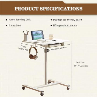 Portable Bedside Table with Drawer, Standing Desk with Wheels, Height Adjustable Laptop Desk, Movable Sofa Side Table, Easy to Install(White) - color: White