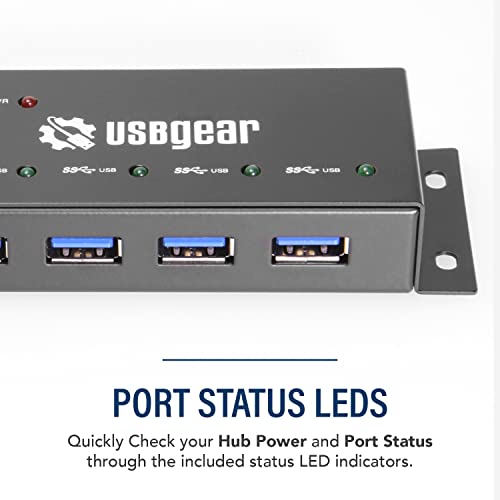 USBGear Compact 4-Port USB Hub, USB 3.2 Gen 1 Data High-Power Hub w/Power Adapter, Port Status LEDs, 5 Gbps Data, Surface Mountable