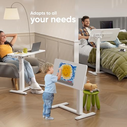 ONKRON Portable Desk on Wheels, max 17.6 lbs, Mobile Workstation, White | Height adjustable overbed table with 90° tilting top, hidden wheels, low-profile base; for laptop, bedside use & study