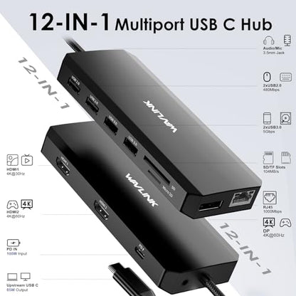 WAVLINK Laptop Docking Station Dual Monitor/Triple Display for Windows OS | USB C Hub with 2 HDMI, DisplayPort, 100W PD in, Gigabit Ethernet, USB 3.0/ 2.0 Ports, SD/TF Card Reader, Audio