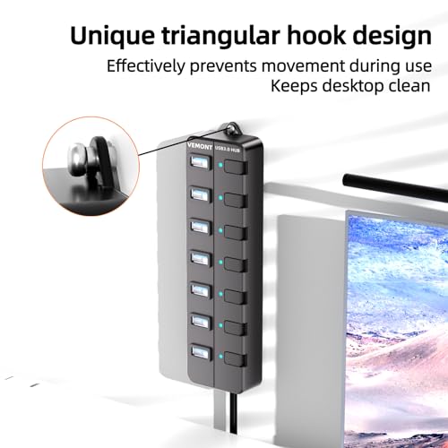 VEMONT 7-Port USB 3.0 Hub (Equipped with a 4-Foot Data Cable, Individual Switch, and Indicator Light, it Supports Data Transfer speeds of up to 5Gbps) Suitable for Desktop Computers and laptops.