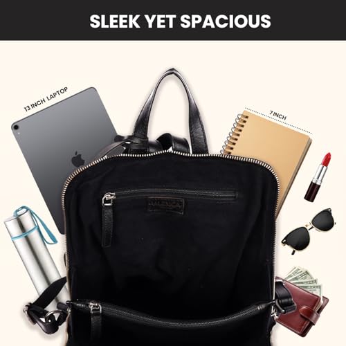 12.5 Inch Genuine Leather Backpack for Women & Men | Black Leather Backpack with Adjustable Shoulder Strap, Small Bookbag Purse with YKK Zippers, Zipper & Mobile Pocket Storage - color: Black