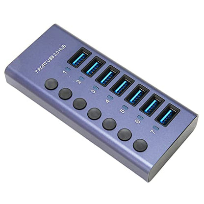 USB 3.0 Hub 7 Ports 5Gbps Fast Transfer Docking Station 5V 2.4A 36W USB 3.0 Splitter with Blue LED Indicator for PC Phone 100-240V (US Plug)