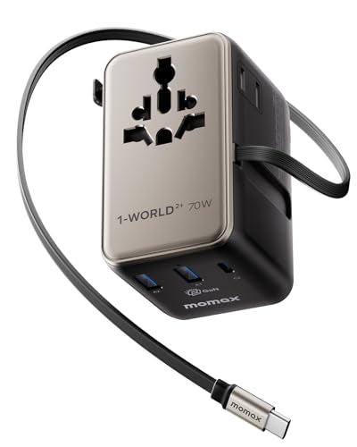 MOMAX 70W Universal Travel Adapter with USB-C Retractable Cable, 6-in-1 International Power Adapter, Dual-AC Plug Adapter PD Fast Charging Worldwide Wall Charger for US/UK/EU and Over 200 Countries - color: Gold, size: 70W
